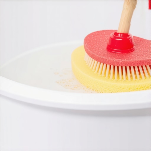 A person scrubbing the inside of a water tank with vinegar solution using a sponge and brush.