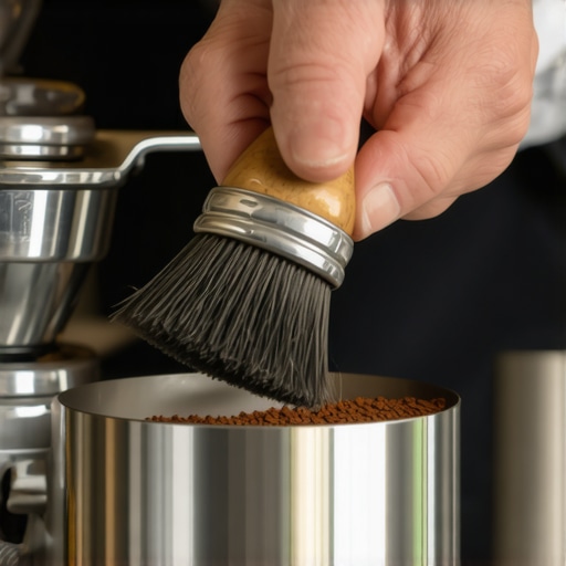 Barista cleaning oily coffee grounds from a home espresso grinder with a brush and cloth