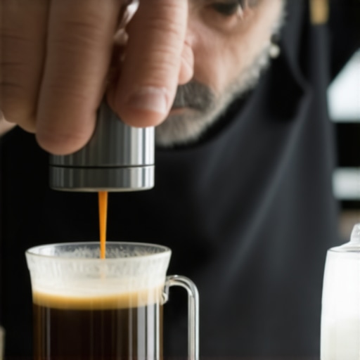 A detailed shot of a barista using a fine needle to clear a coffee machine steam tip, with cleaning supplies nearby