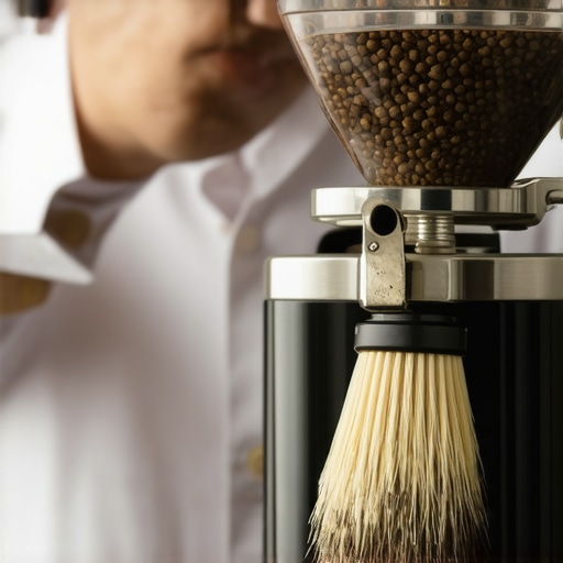 Cleaning a coffee grinder to remove oils A barista using a brush and rice to clean the coffee grinder burrs and chute