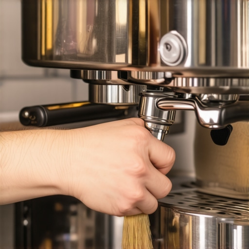Close-up of hands cleaning and lubricating a piston inside a lever espresso machine
