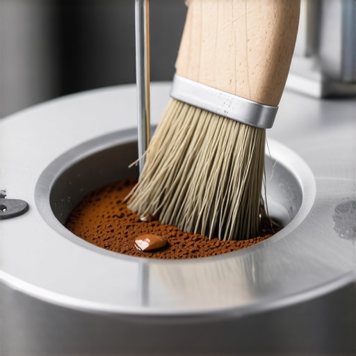 Cleaning coffee grinder chute with a pin and brush Close-up of hand using a pin and brush to clean coffee grinder chute