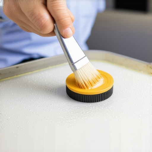 A barista scrubbing a puck screen with a toothbrush during cleaning process