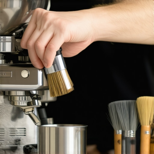 A detailed shot of hands cleaning an espresso machine steam wand with brushes and tools
