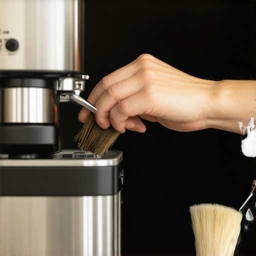 Barista cleaning coffee grinder chute and burrs to prevent coffee sticking and ensure smooth flow.