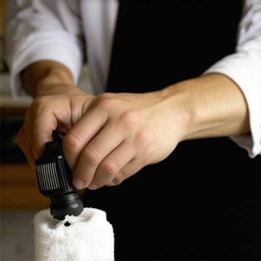 Close-up of a barista cleaning a steam wand with a soft brush and cloth