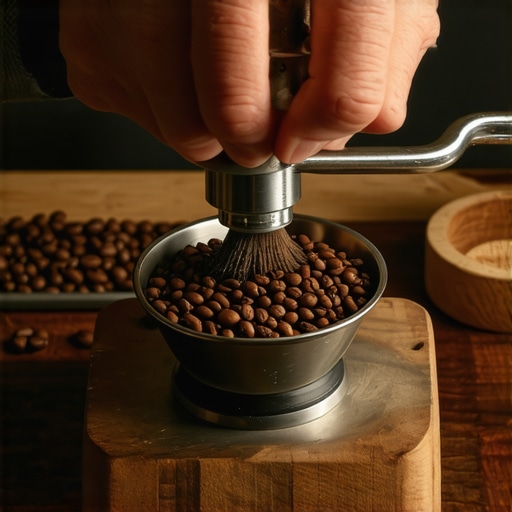 A person cleaning a coffee grinder with a burr brush to ensure optimal performance
