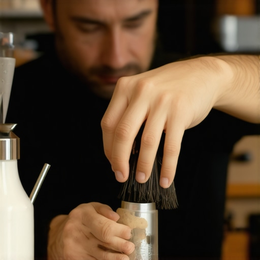 Barista cleaning espresso machine group head with brush, highlighting maintenance tools