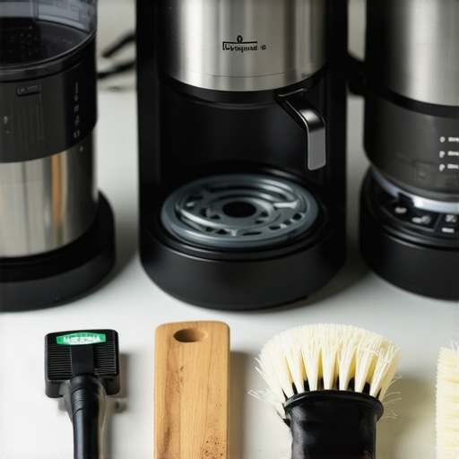 A collection of espresso machine care tools including brushes, a calibration scale, and cleaning accessories.