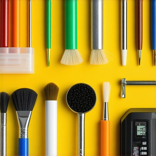Display of various espresso machine maintenance tools including brushes, test kits, and thermometers.