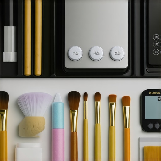 A collection of precision cleaning tools and a digital scale for espresso equipment
