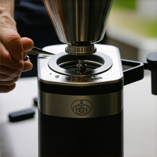 Person tightening screws and cleaning a coffee grinder during maintenance