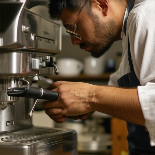 Home Barista Equipment Maintenance A detailed shot of a person cleaning an espresso machine with specialized tools in a modern kitchen