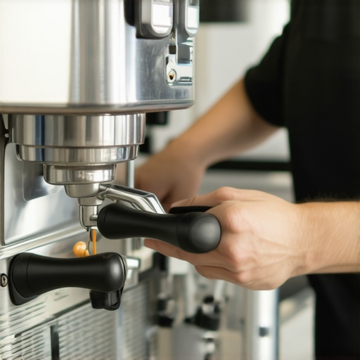 A detailed shot of a barista cleaning an espresso machine with various tools, highlighting proper maintenance procedures