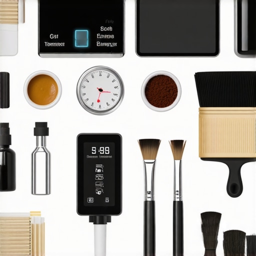 Home Espresso Maintenance Tools A collection of professional-grade tools used for maintaining a home espresso setup, including a digital scale, tamping guide, cleaning brushes, and descaling solution.