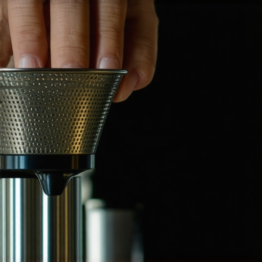 Close-up of a barista examining a portafilter basket for cracks and coffee grounds buildup, detailed and well-lit
