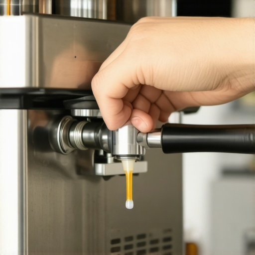 A hand applying food-safe lubricant to an espresso machine lever pivot for quiet operation.