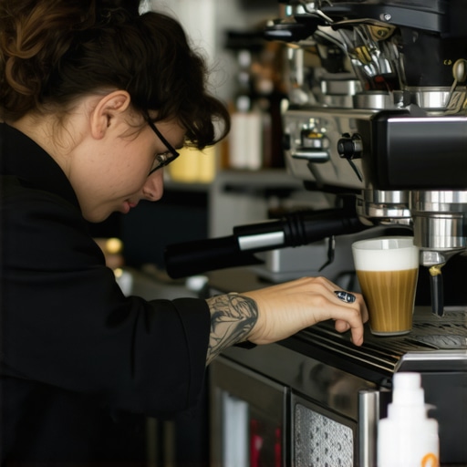 A barista using specialized tools to maintain an espresso machine