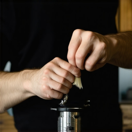 A barista cleaning a coffee grinder with a small brush