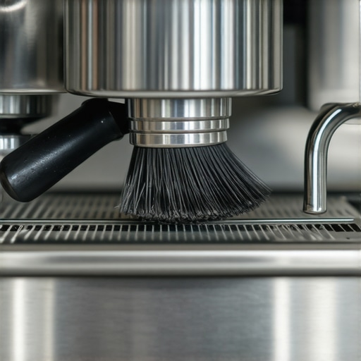 Close-up of a barista cleaning espresso machine with a brush