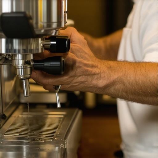 A barista cleaning an espresso machine with specialized tools in a clean, organized workspace