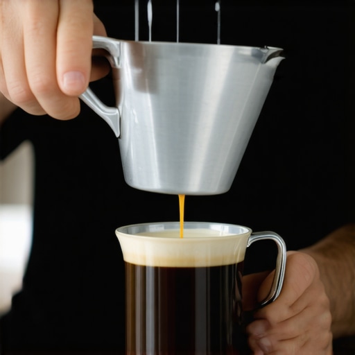 A barista tilting a stainless steel milk pitcher during frothing to achieve microfoam