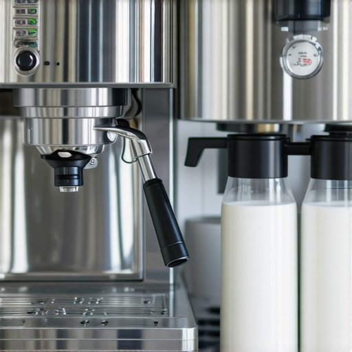 Optimized Coffee Station for Maintenance and Performance A clean and organized espresso station showcasing high-quality grinder, espresso machine, and milk frother arranged neatly in a bright kitchen setting