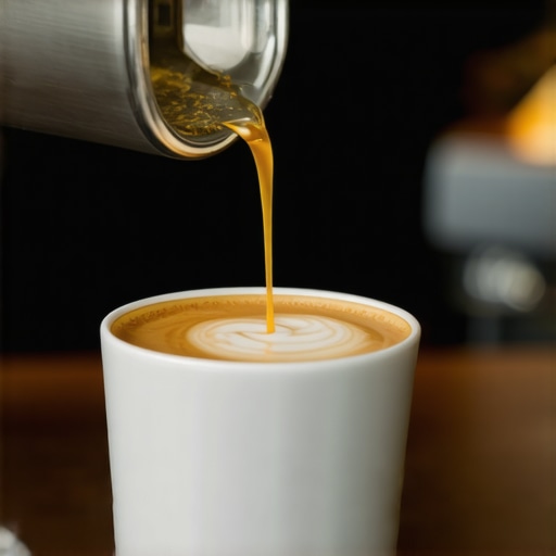 Barista pouring silky microfoam into a latte during latte art creation