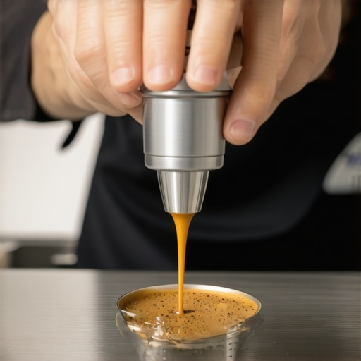 A professional barista tamping down freshly ground coffee in a shiny portafilter to ensure even extraction