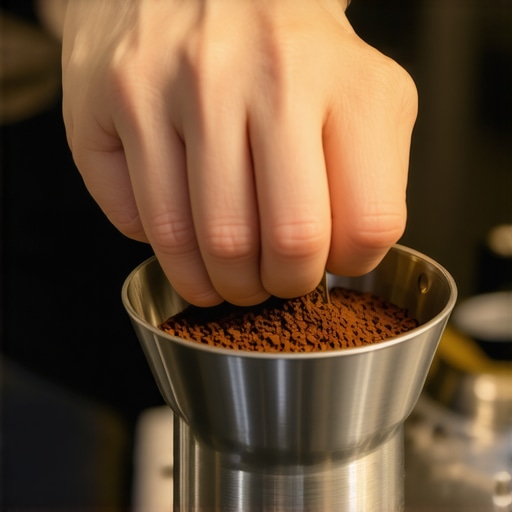 A barista pressing tamped coffee grounds in a portafilter with even pressure for espresso.