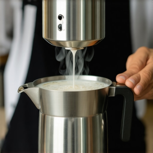 Close-up of steaming oat milk in a barista's pitcher showing microfoam formation