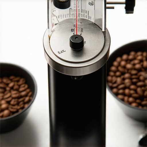 Precision Burr Calibration Tool for Consistent Grinding Close-up of a burr calibration dial gauge connected to a coffee grinder, surrounded by fresh coffee beans.