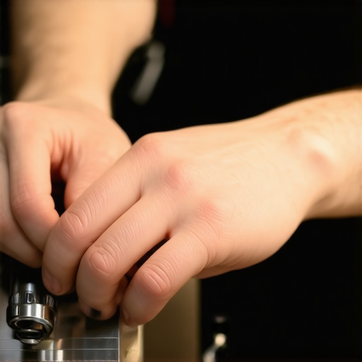 Person using calibration tools on a coffee grinder’s burrs to ensure optimal performance.