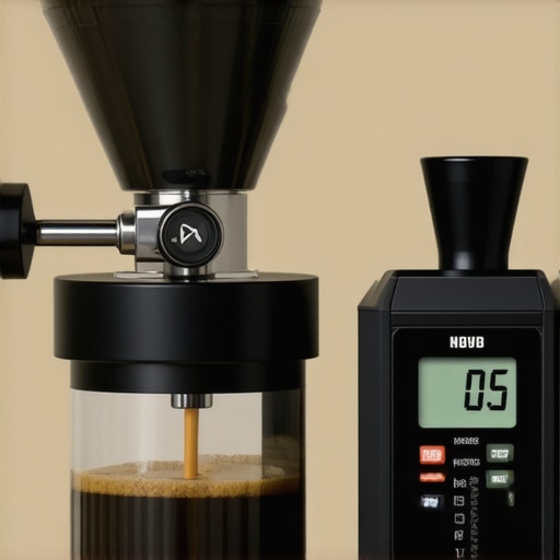 A person adjusting a coffee grinder with a digital calibration device for accurate burr alignment.