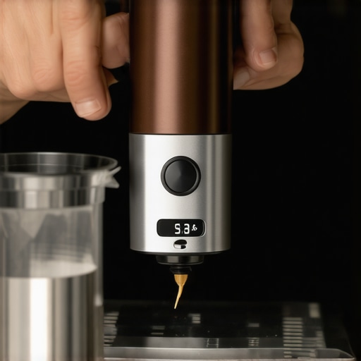A barista using a digital calibration tool on a coffee grinder in a home espresso setup.