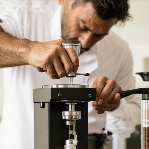Precision Grinder Calibration for Longevity A barista using a shim gauge to align a coffee grinder's burrs for optimal performance