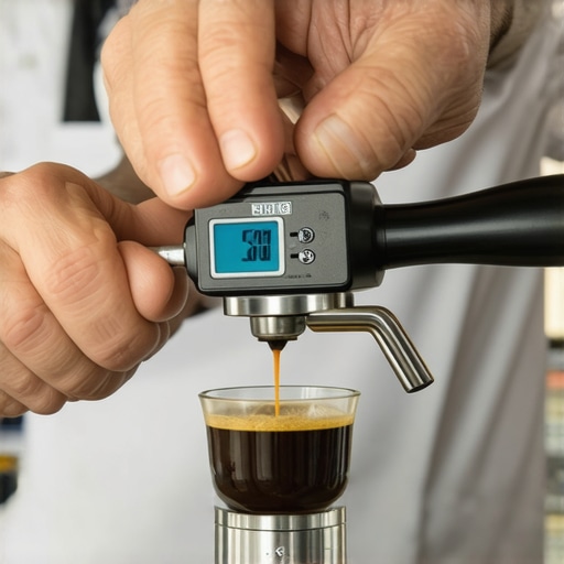 Barista using a digital scale for tamping pressure during espresso preparation.