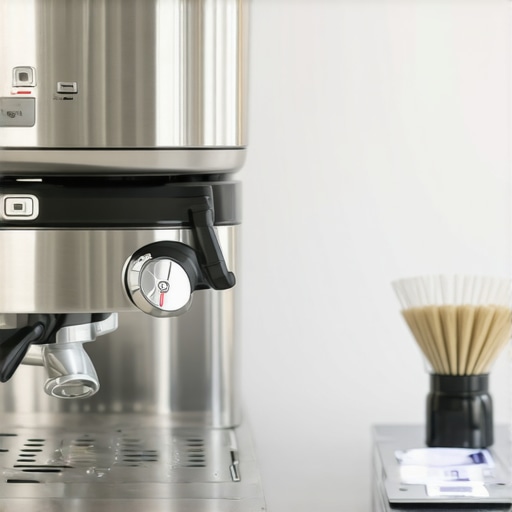 A clean espresso station showcasing cleaning supplies, a digital scale, and an espresso machine.