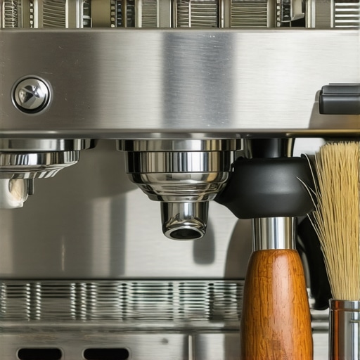 Professional Equipment Maintenance Barista cleaning espresso machine with brushes and tools in a modern coffee shop setting.