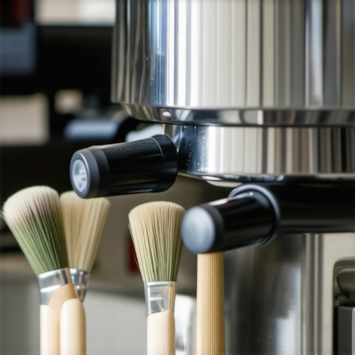 Professional coffee tool maintenance A barista meticulously cleaning espresso machine parts with brushes and cloths.
