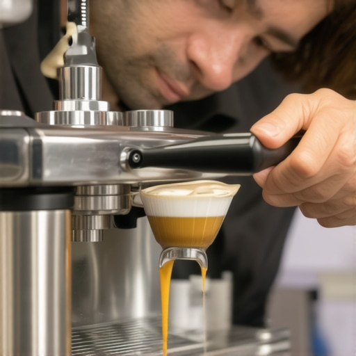 Barista cleaning espresso machine with brushes and descaling tools