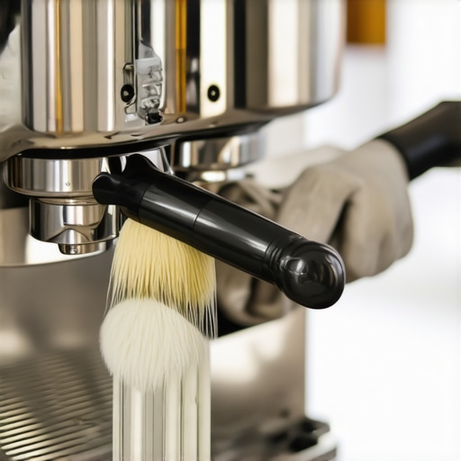 A barista cleaning an espresso machine with brushes and cloth, showcasing maintenance tools