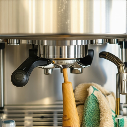 A barista cleaning and maintaining an espresso machine with specialized tools.