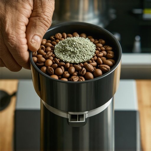 Person cleaning and grinding beans in a home coffee grinder to season the burrs for better extraction.