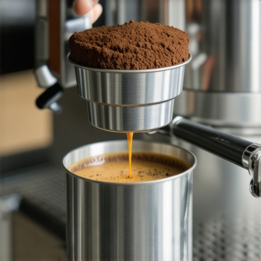 Barista pressing evenly tamped coffee grounds in a portafilter for espresso