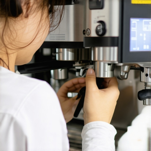 A professional barista adjusting the PID controller on a high-end espresso machine with a digital display and wiring