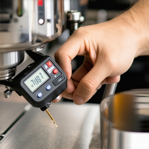 Person measuring espresso machine component with a digital caliper for maintenance and calibration