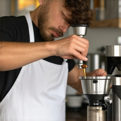 A barista using calibration tools on a coffee grinder to ensure optimal grind consistency.