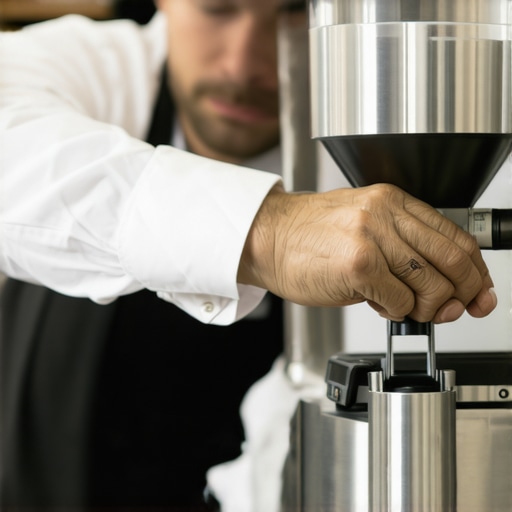 Close-up of a barista's hands adjusting the chute of a coffee grinder to ensure smooth grounds flow.