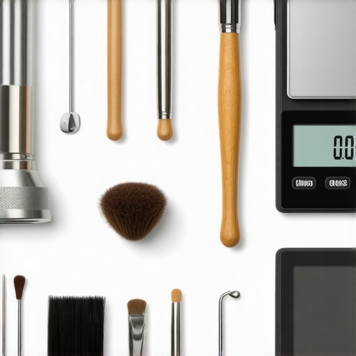 Essential tools like a calibrated grinder, brushes, and a digital scale for coffee equipment upkeep.